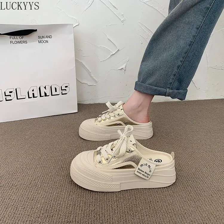 2024 Summer New Little White Shoes Half Slippers Leather Topped Headband Thick Sole Casual Lazy Slippers Silver Breathable