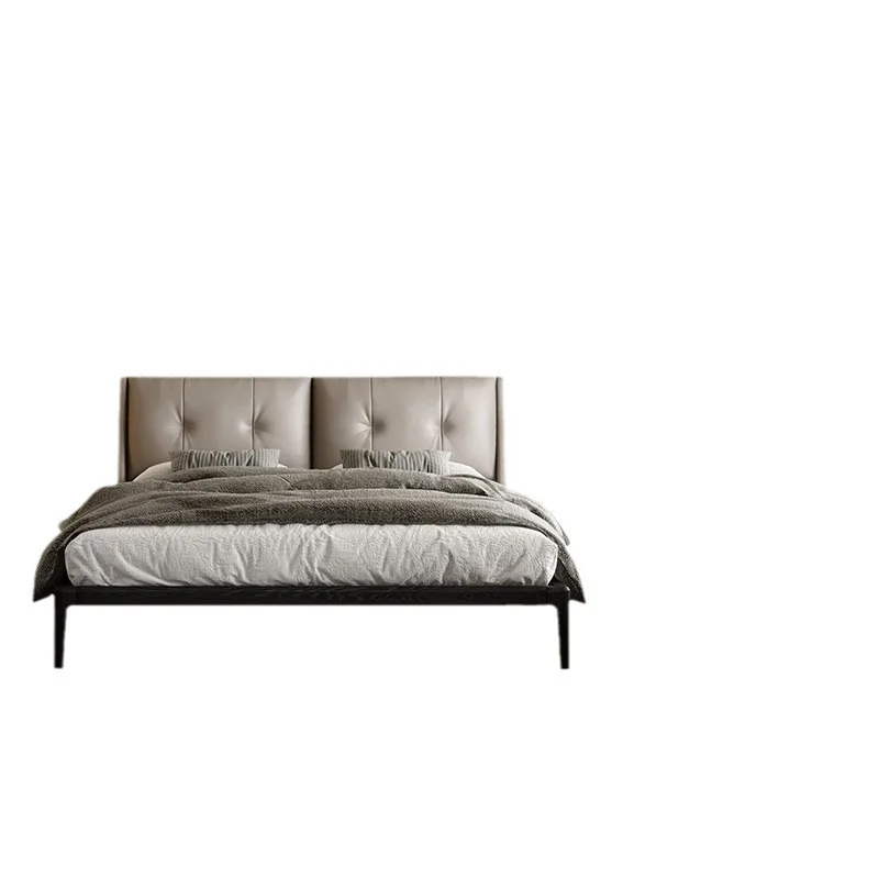 Modern simple solid wood leather bed ash wood small apartment soft bag double wedding bed Italian minimalist flush edge bed