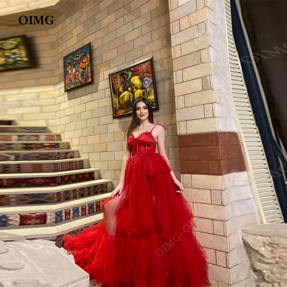 

OIMG Red Tulle Sleeveless Sweetheart Prom Dresses Tiered Spaghetti Straps Long Custom Ball Gown Women Pageant Evening Gowns