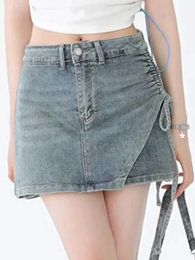 Korean Sexy Vintage Lace Up Y2K High Waist A-line Denim Skirts Summer Female Casual Streetwear Asymmetrical Slim Club Mini Skirt