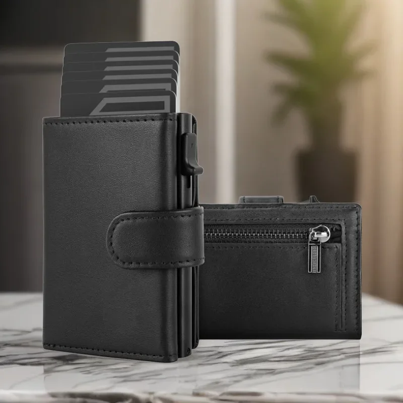 Men's Genuine Leather Trendy Wallet RFID Blocking with Aluminum Case Design Anti-Theft Magnetic Proof Zipper Coin Pocket Wallet