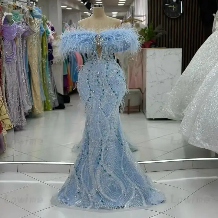 

Feathers Sky Blue Off Shoulder Party Dress Robe De Soiree Customized Mermaid Arabic Prom Dresses Crystals Sequined Evening Gowns