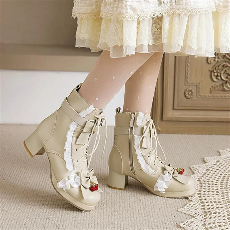 Autumn Winter Women Boots Women Comfort Square Heel Platform Ankle Boots Sweet Bow Ruffles Girls Princess Cosplay Lolita Shoes
