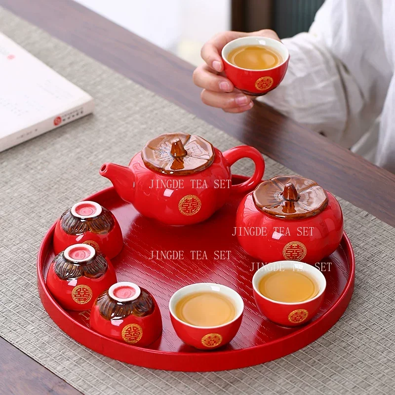 Red Ceramic Chinese Wedding Tea Set Exquisite Porcelain Teapot and Cup Set Customized Gaiwan Teaware Gifts Home Drinkware