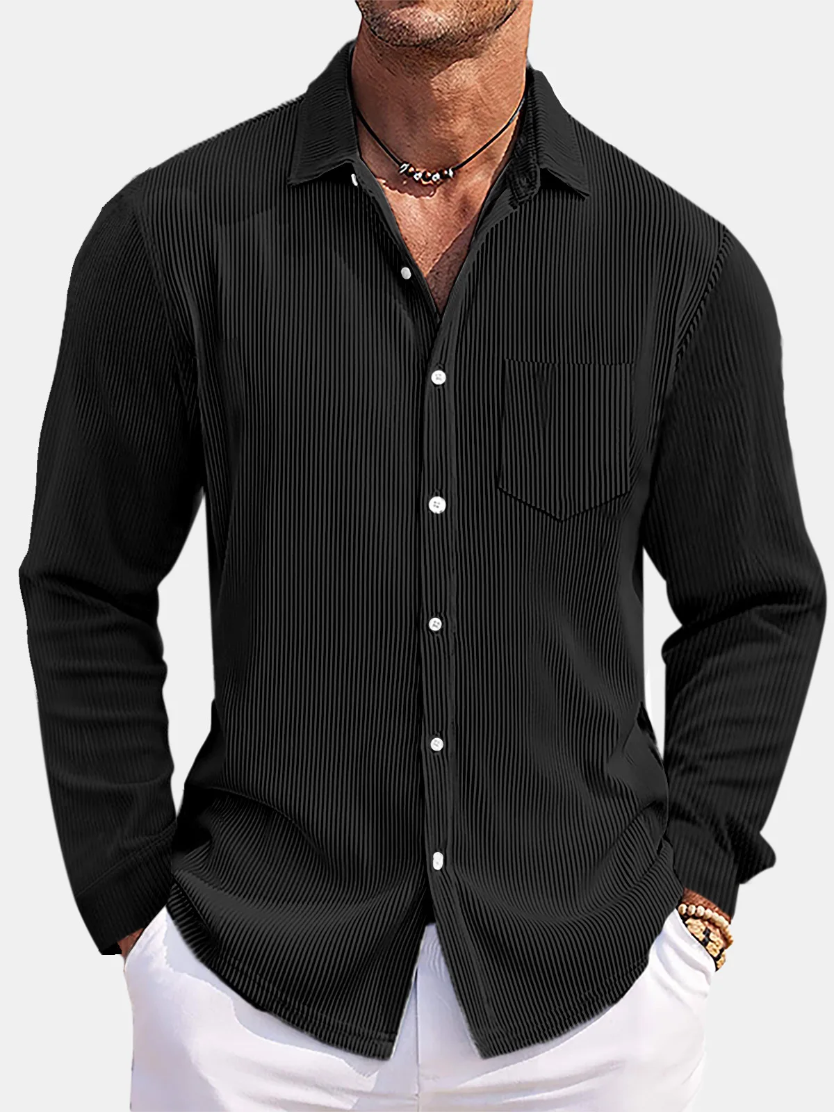 

Men's Solid Color Vertical Striped Shirt - Loose Fit, Long Sleeve with Pocket, Casual Comfortable Top for Men