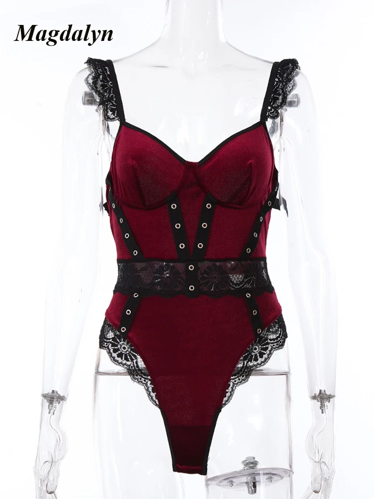 Magdalyn Women Velour Lace Bodysuits Fashion Casual Skinny Velvet Combination Rompers Chic Sexy Strappy Floral Bodycon Catsuits