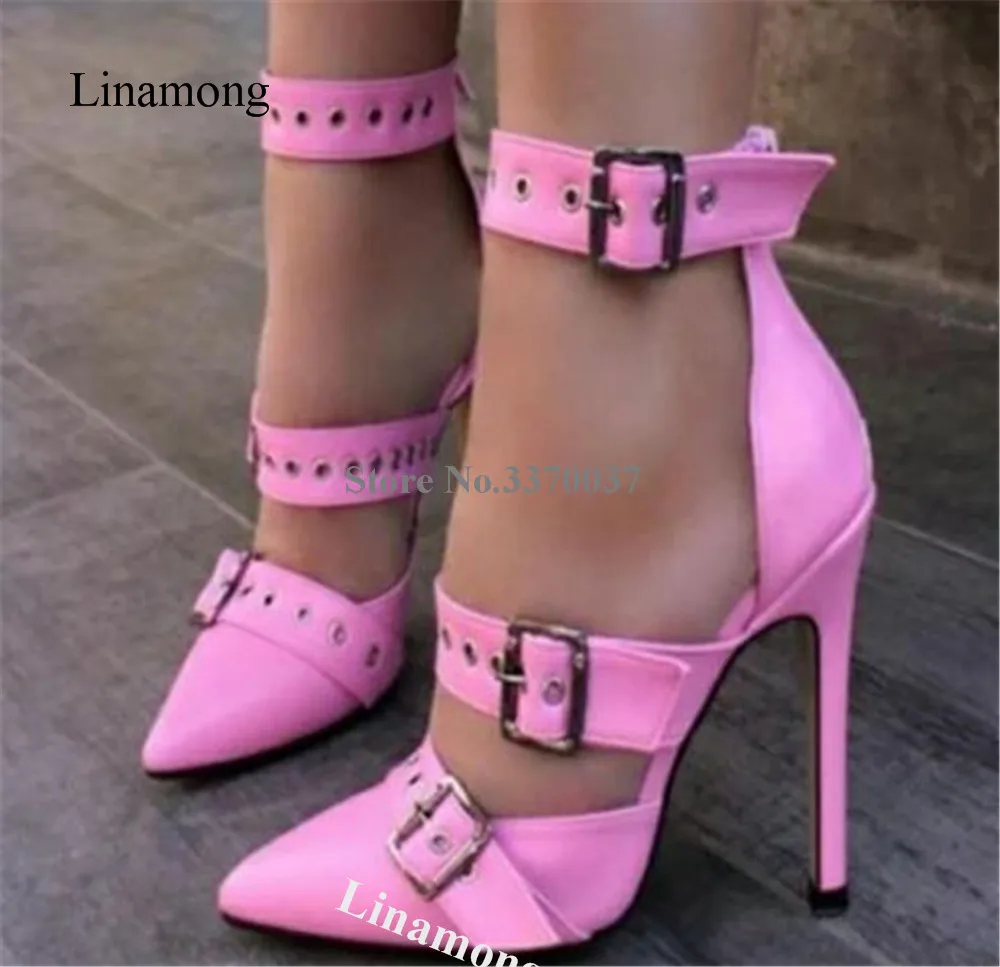 Pink White Metal Buckles Pumps Linamong Women Sexy Pointed Toe Matte Leather Straps Belts Stiletto Heel Dress Shoes Party Heels