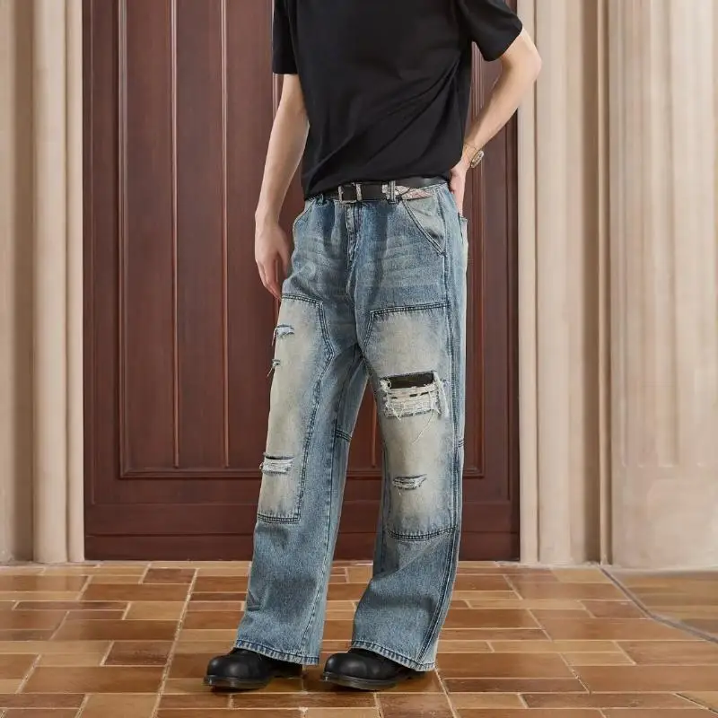 Men's Ripped Patch Blue Jeans Casual Pants Young Boy Bottom Summer Street Sweatpants Male High Waist Y2k Cool Trousers