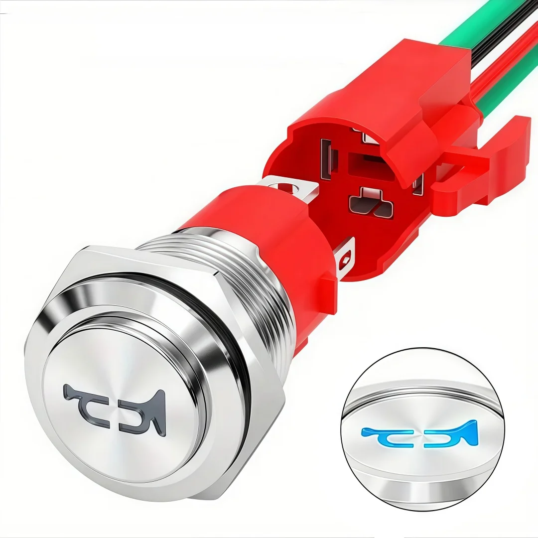 16mm Hornknopfschalter 20A Hochleistungsschalter mit Hülle Wasserdicht Blaue LED Edelstahlhalterung Momentaner Druckknopf 12V/24V – Detail 6