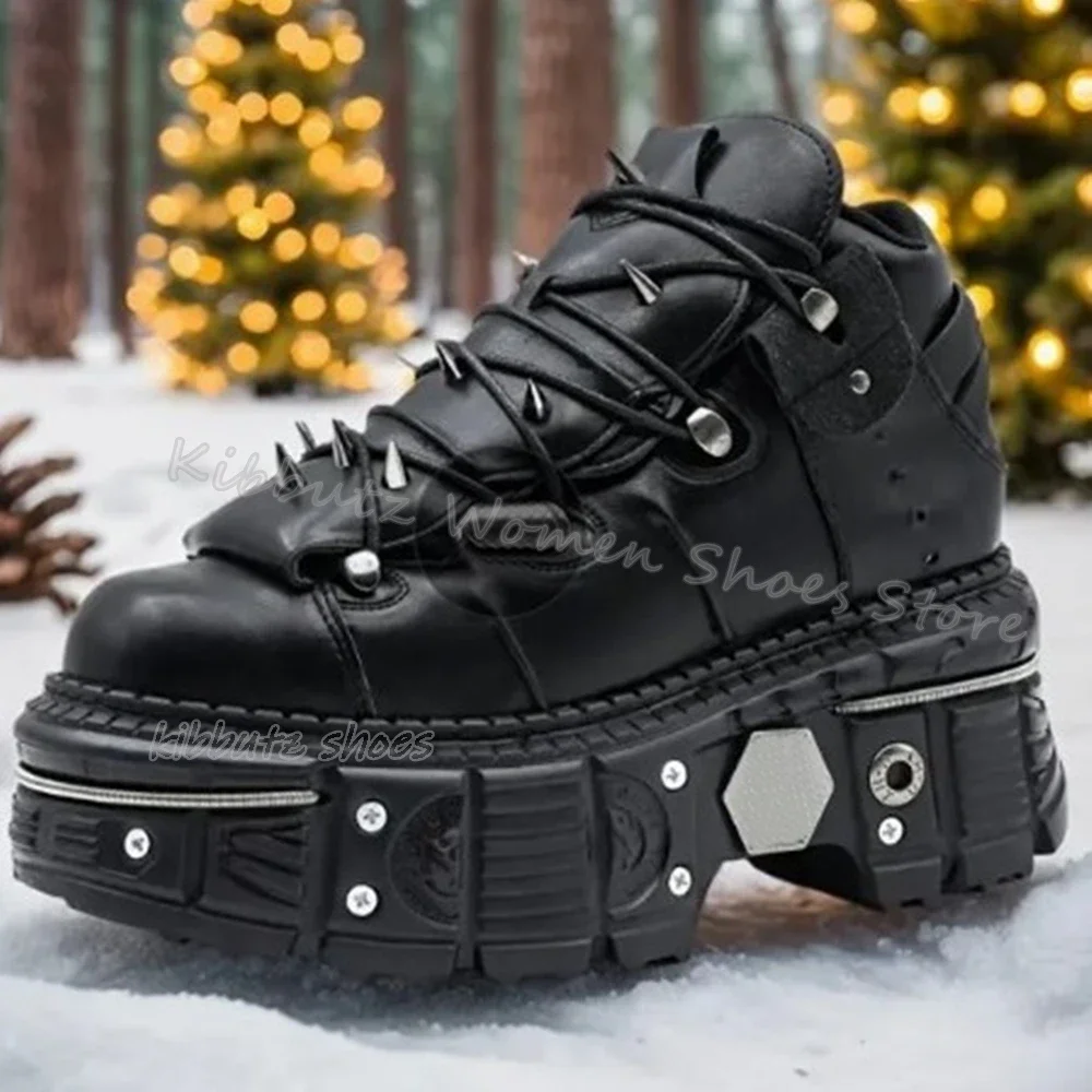 

Gothic Rivet Ankle Boots Platform Punk Rock Fashion Hot Girls Women Shoes New Thick Sole Genuine Leather Solid Color Hot Girls