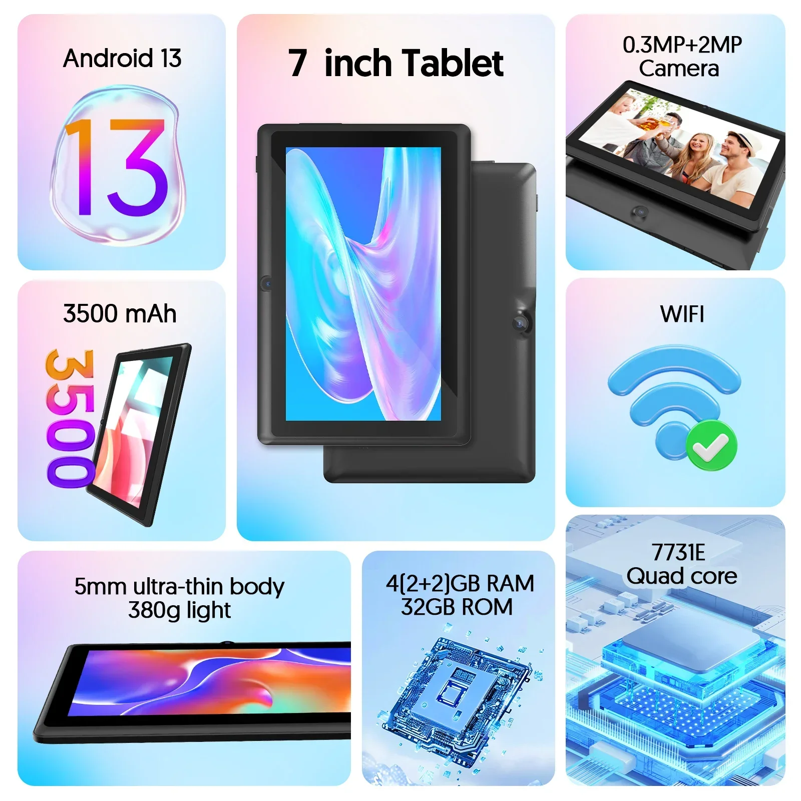BAKEN 10-inch Tablet (Android 13, Quad-core, 2GB+32GB, Supports 1TB Expansion, WiFi 6, Dual Cameras); Includes Protective Case