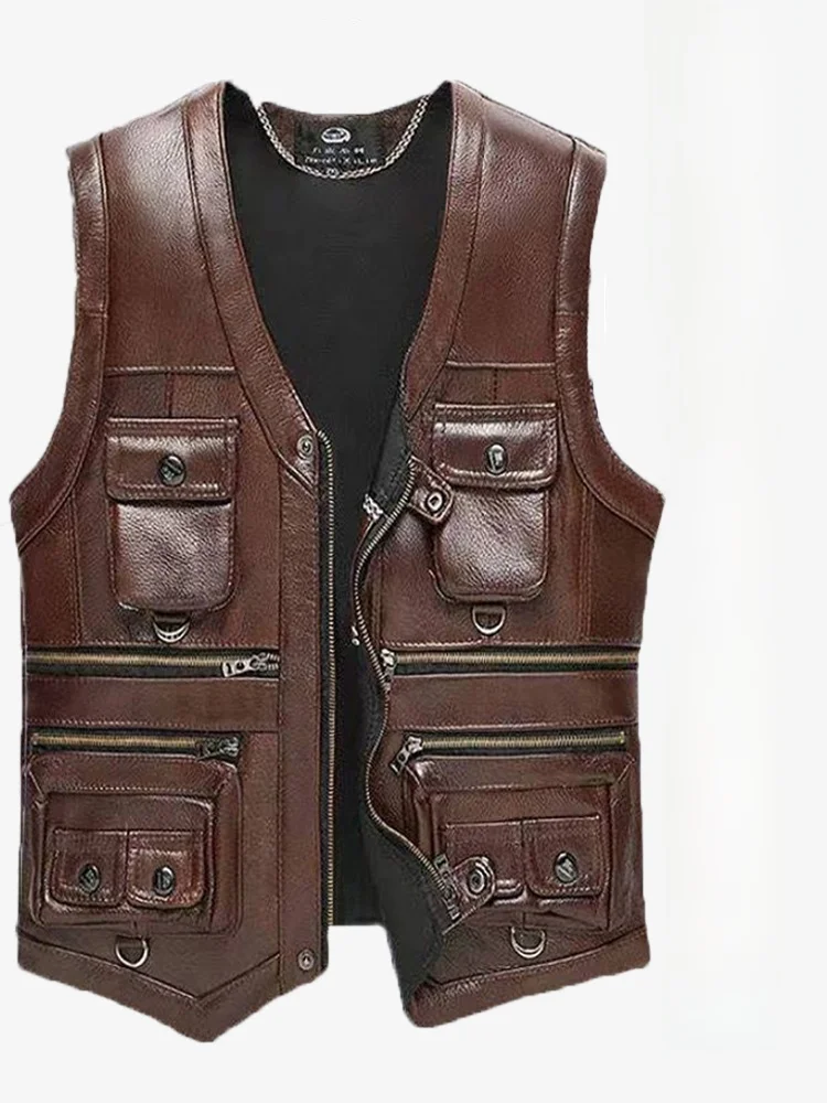 Leather Vest Men's Outdoor Casual Climbing Vest Middle-aged Spring Autumn Winter Multi-pocket Leather Jacket Business Gentlem...