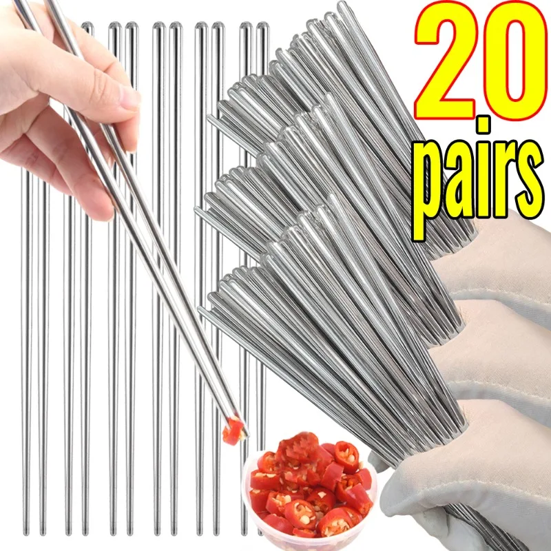 20-2 Pairs Chinese Chopsticks Stainless Steel Non-slip Sushi Chopstick Korean Japanese Food Metal Sticks Kitchen Tableware Set