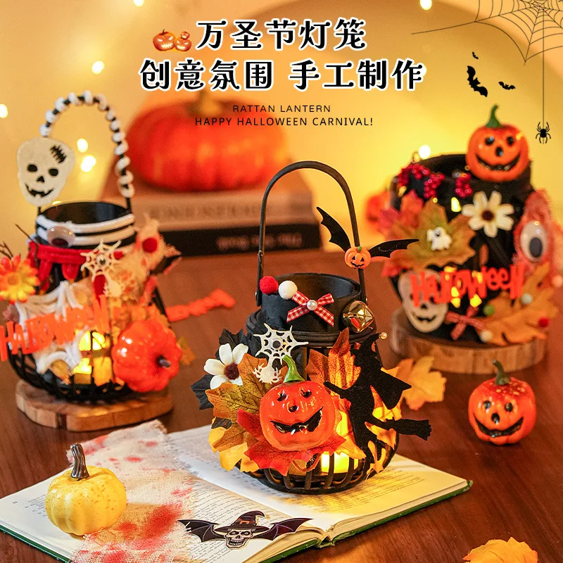 Trick Or Treat Halloween Rattan Handheld Lantern DIY Pumpkin LED Lamp Indoor Home Party Tabletop Ornament