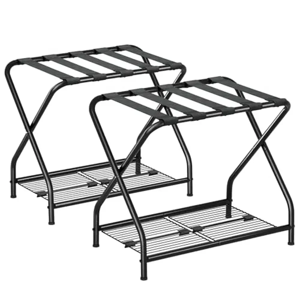 Luggage Rack Foldable Stand Metal Shelf Suitcase Holder Storage Guest Room LR-BK-2 Iron Frame Nylon Straps Sturdy Portable