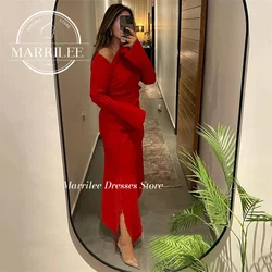 Marrilee Customized Long Flare Sleeves Asymmetric Stain Prom Prom Gowns Simple Ankle Length Side Slit Pleats Evening Dress 2024