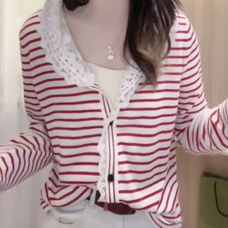 Women New Spring Autumn Fashion Spliced Lace Hoodies All Match Constrast Color Striped Cardigan French Casual Clothes