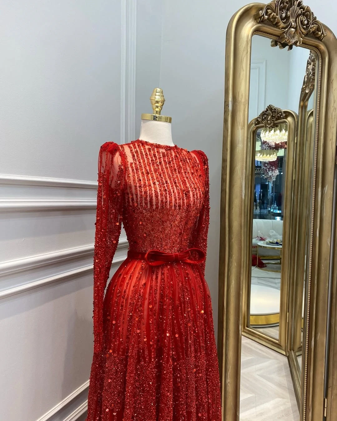 

Babyonline Zircon Beading Evening Dresses Sheer-neckl Velvet Belt Long Sleeve Maxi Empire A-line Skirt Prom Dress Customized