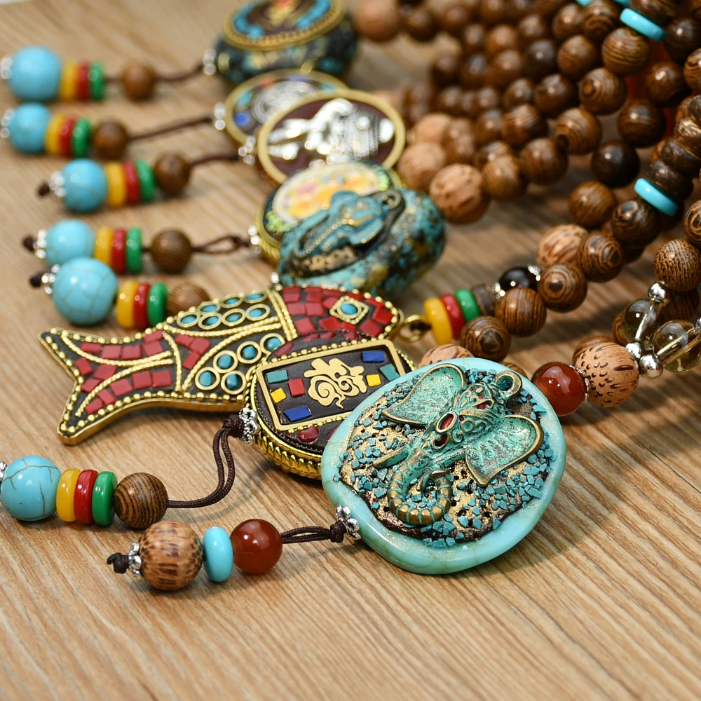 Yumfeel New Nepal Wood Beads Necklaces Vintage Ethnic Buddhist Mala Lotus Elephant Fish Pendant Men & Women Handmade Jewelry