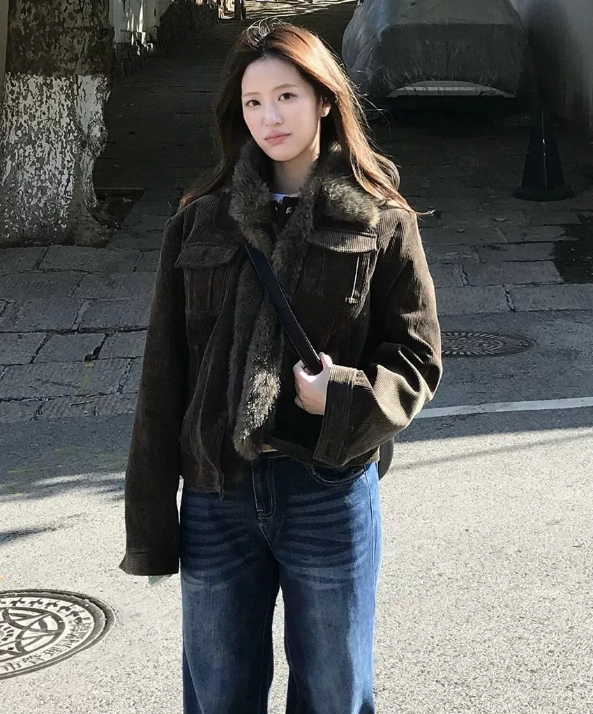 Autumn/winter American Maillard Vintage Fur Collar Corduroy Thickened Warm Jacket Women's Cotton Jacket