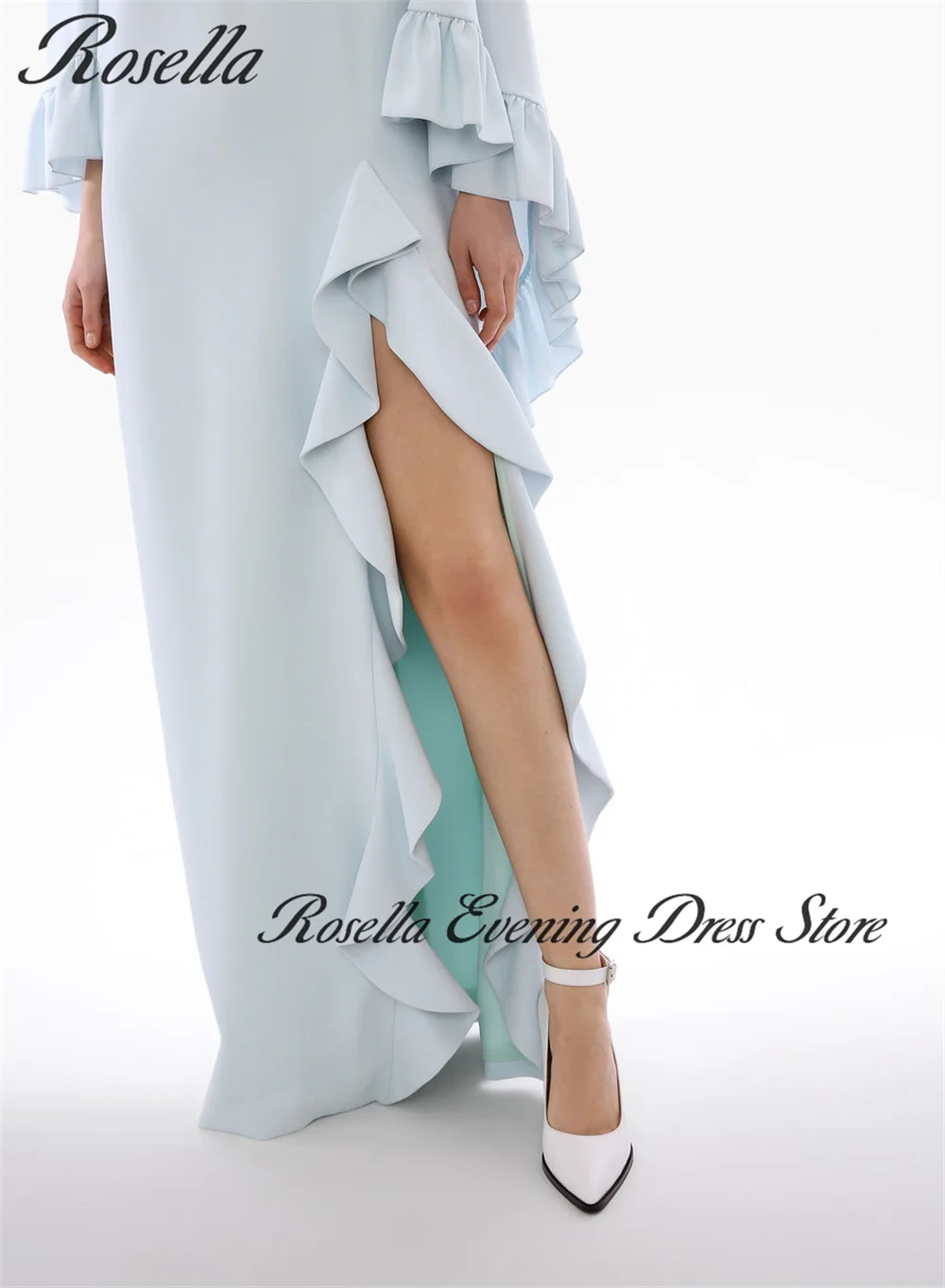 ROSELLA abiti da sera collo alto azzurro Ruffles Cape scialle lunghezza del pavimento fessura laterale dritto occasioni formali vestito nuovo 2024