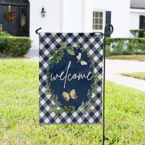 Garden Flag - Blue Buffalo Check Welcome Butterflies