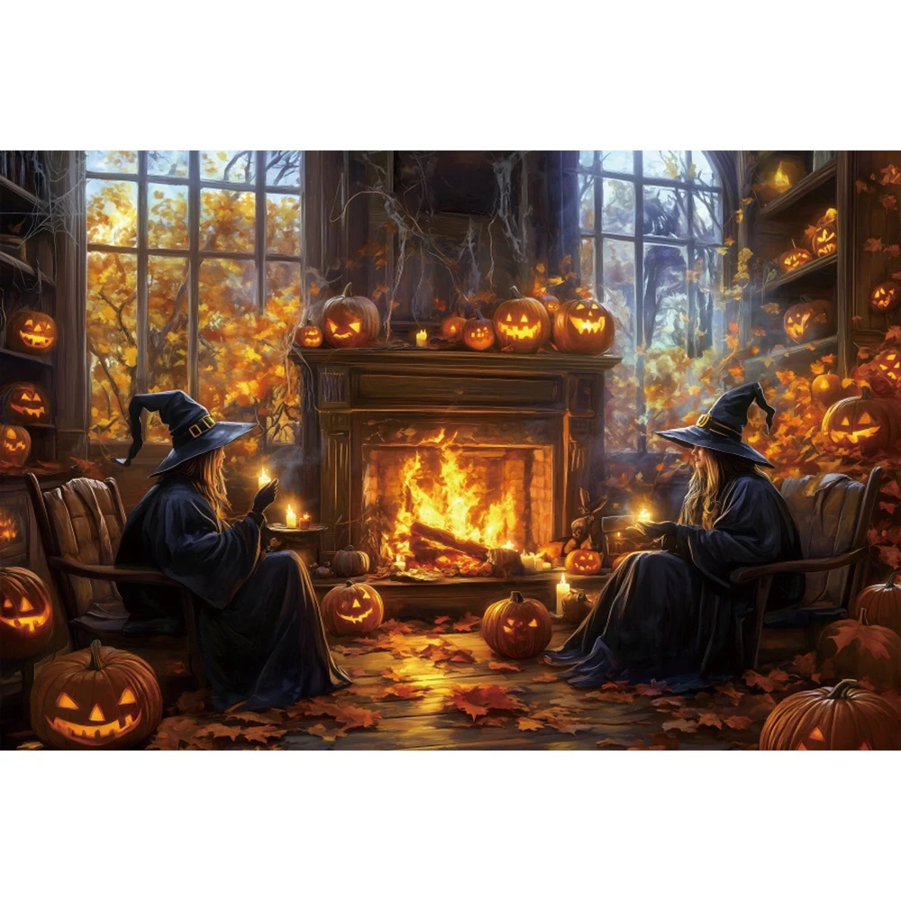 

Halloween Witch Backdrop Horror Night Moon Old Church Castle Fireplace Pumpkin Divination Family Portrait Photography Background
