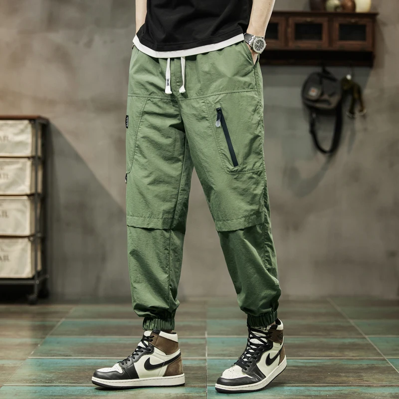 Spring Autumn Elastic High Waisted Solid Color Zipper Pockets Drawstring Men's Clothing Loose Bloomers Cargo Trousers Pants
