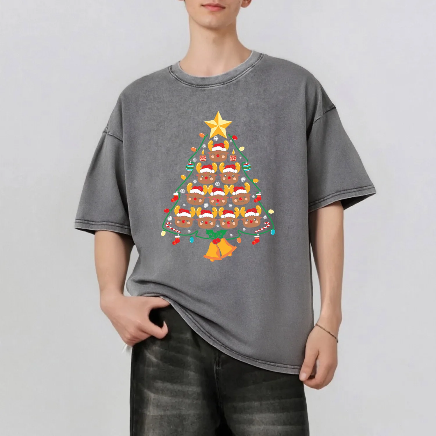 

Creative Christmas Tree Graphic Printing Men's Summer Retro Style Washed Water T-Shirt Casual Short Sleeved Basic Men's Top 230G
