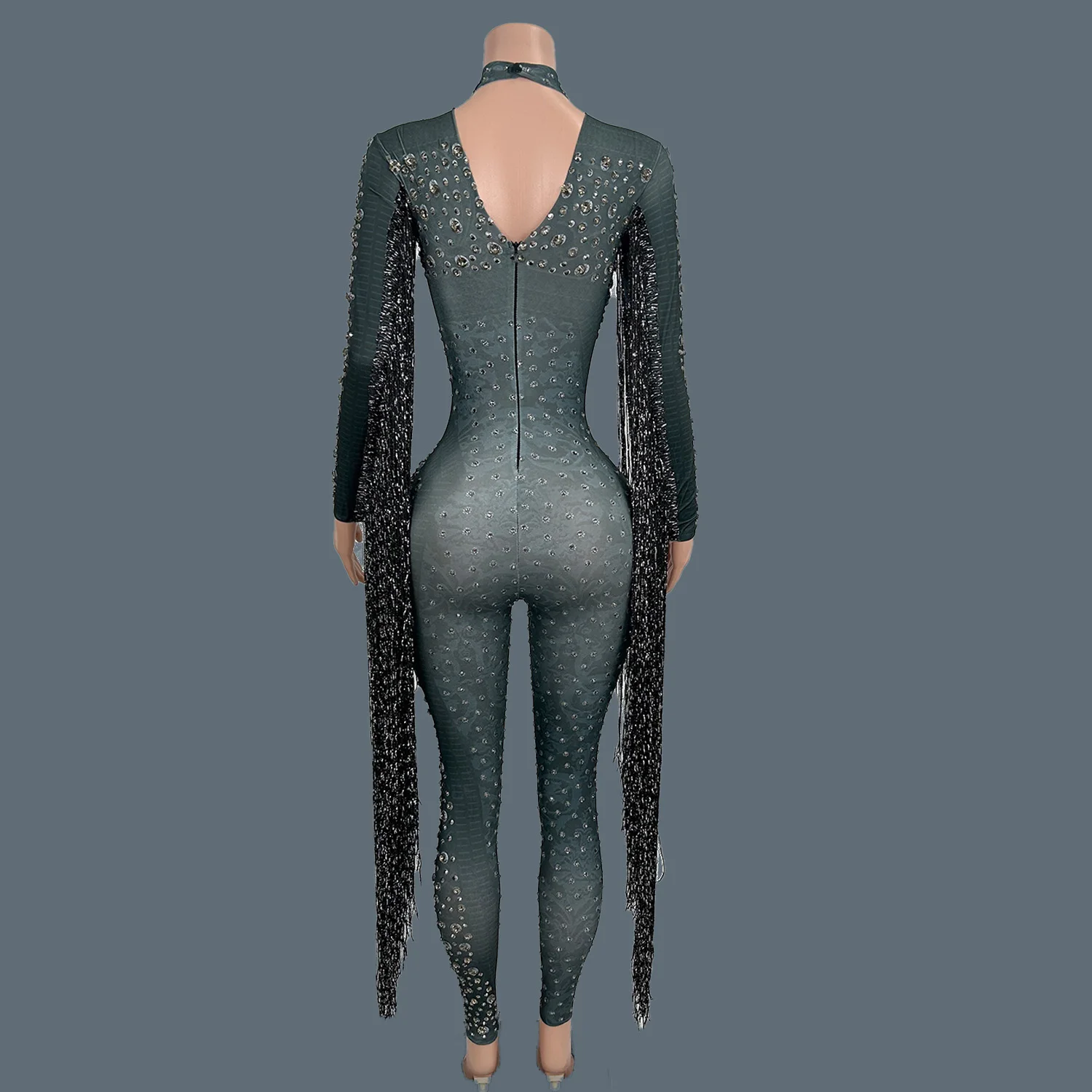 Spandex Tight Fitting Sexy Elastic Jumpsuit Shining Rhinestone Tassel Bodysuit Party Night Club Stage Performance Outfit Guoqing