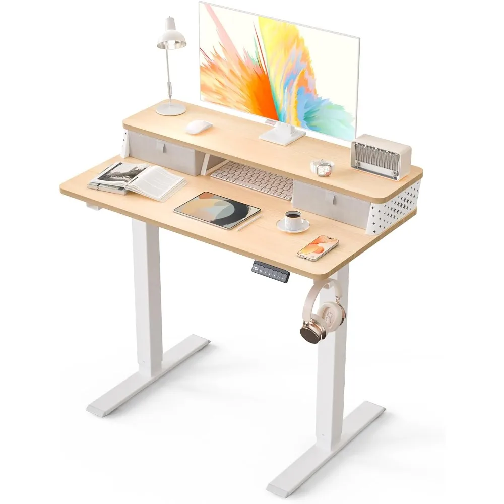 

Electric Standing Desk with 2 Drawers 35''x 20'' Small Adjustable Height Sit to Stand Up Desk with Storage Shelf, C-Clamp Mount