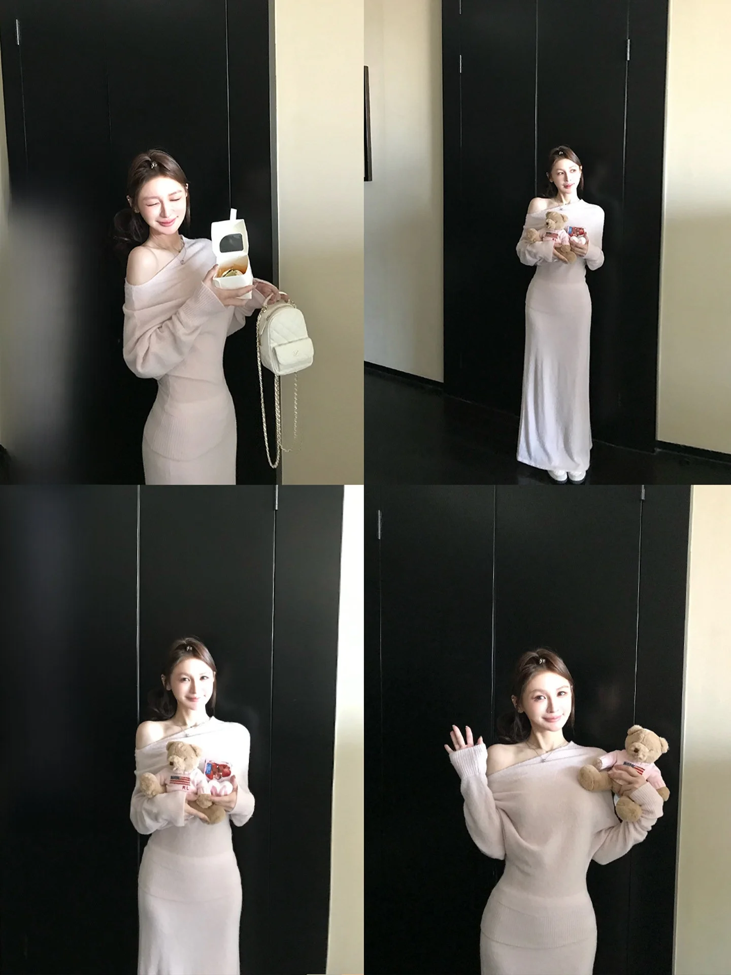 

Skk Store Early Spring Wool Yarn Soft Fluffy Atmosphere One Shoulder Sweater Set Elegant Simple Style Long Sleeve Long Length