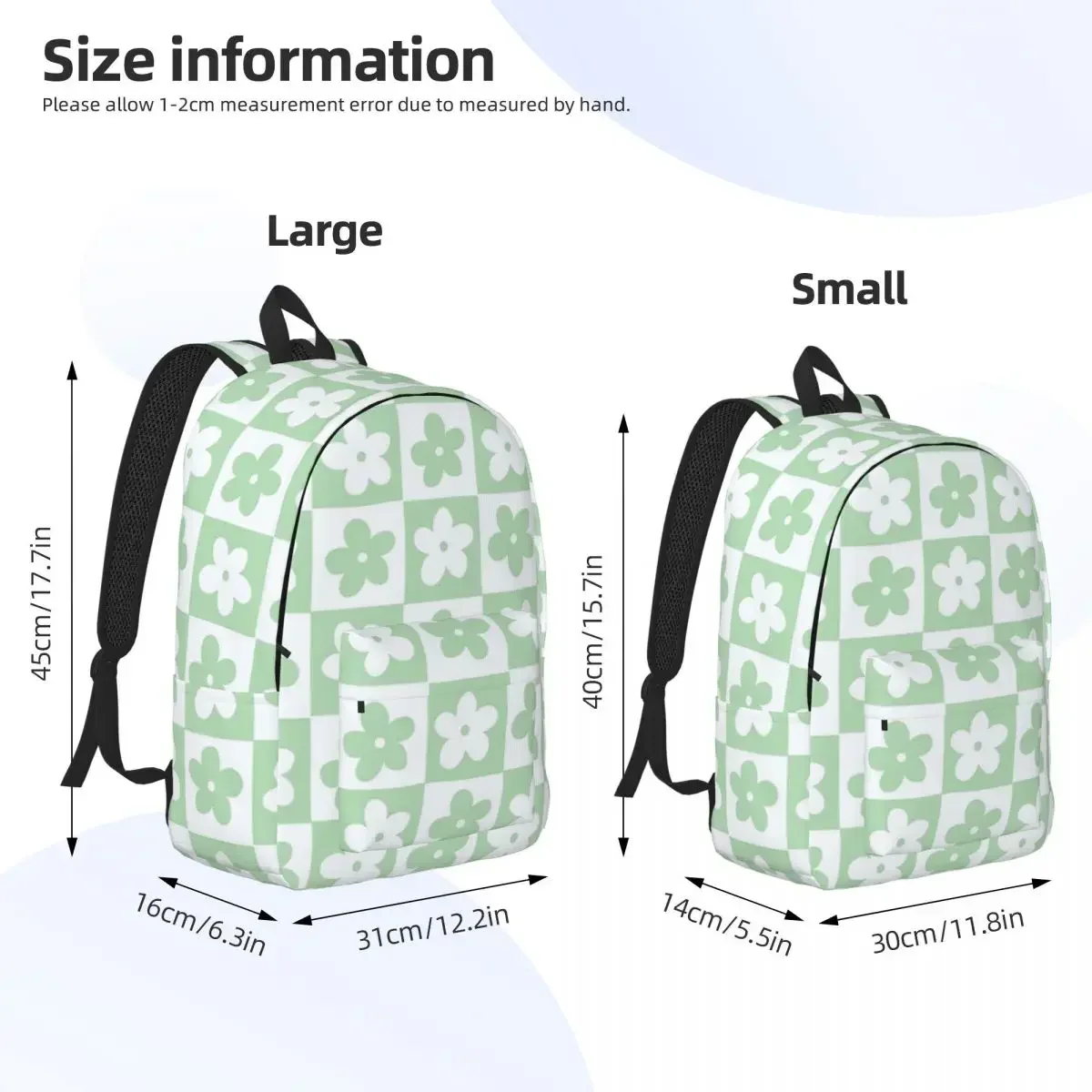 Light Pastel Green And White Checkered Squares With Flowers Woman Backpacks Bookbag Shoulder Bag Portability Rucksack School Bag