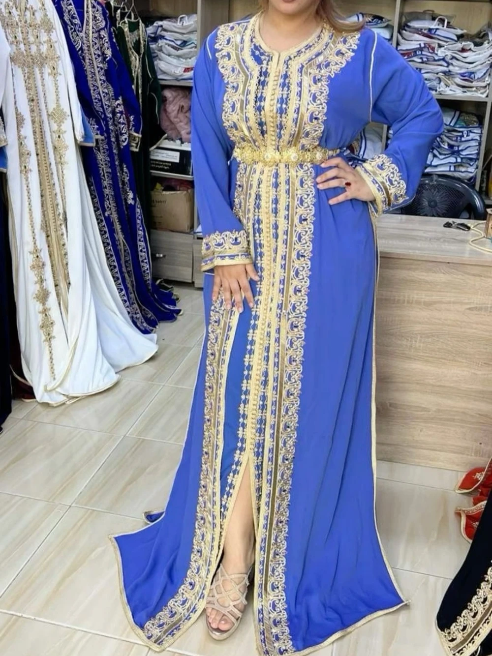 Caftan O-neck Evening Dresses For Women Party Gold Appliques A-line Bridal Dress Vintage Floor-length Gown Robe De Mariée