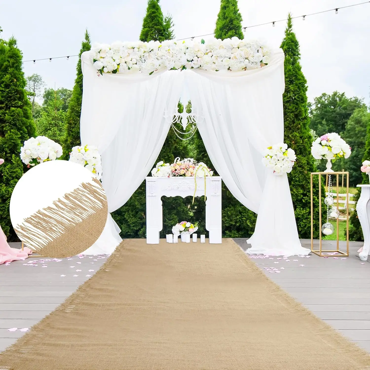 Jute-Hochzeits-Gangläufer mit Fransenrand, Zeremonie, Runway-Teppichrolle für drinnen und draußen, Hochzeit, Party, Brautparty – Detail 7