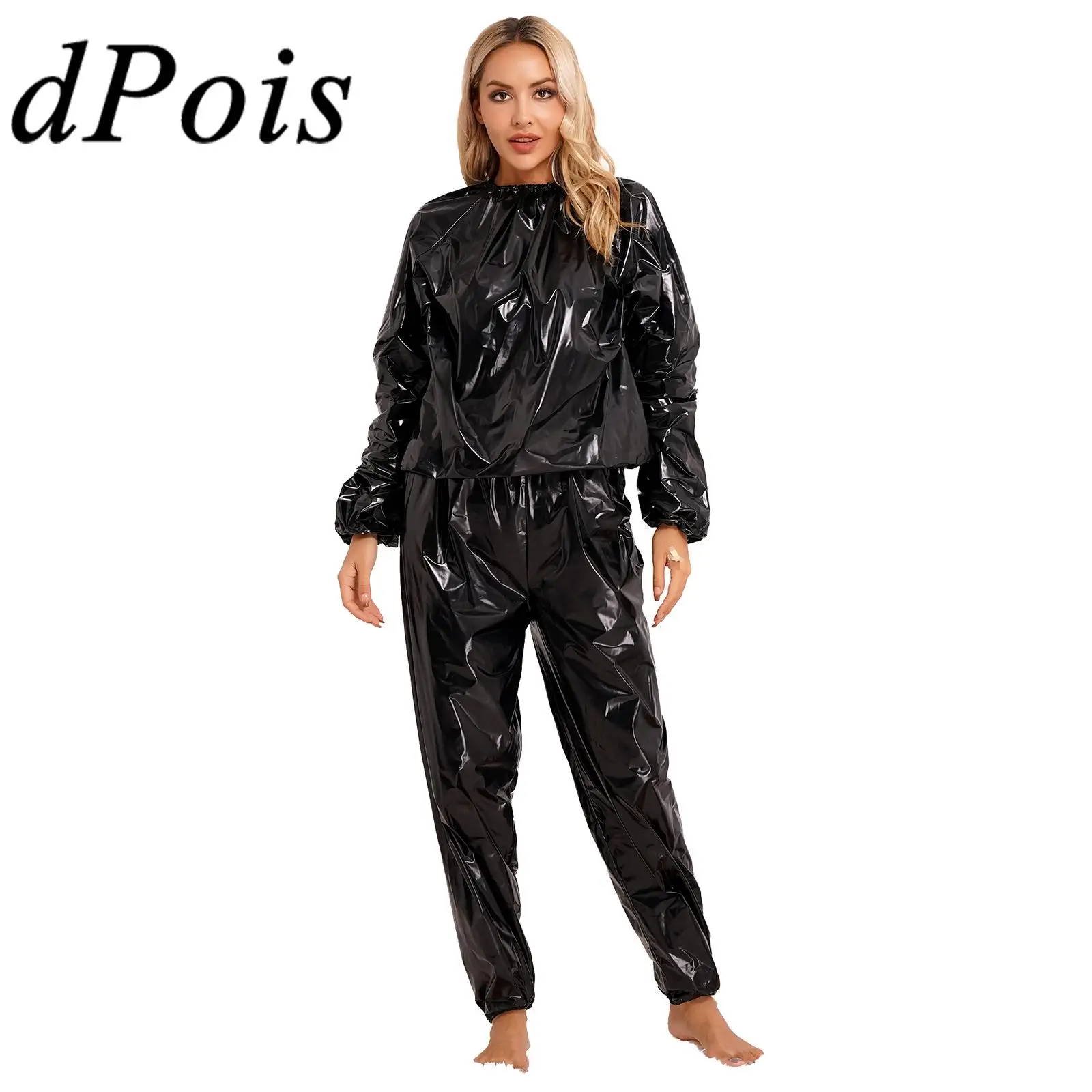 

2Pcs Women PVC Sauna Suit Long Sleeve Elastic Cuff Top Pants Set Sweat Suit Fitness Gym Workout Suits for Adults Clothes Sets