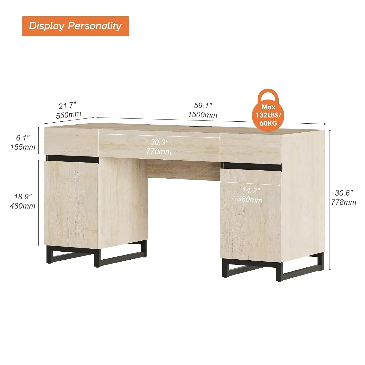 Modern Executive Desk With Drawers & Charging Station, File Storage Cabinet, Wood Computer Desk For Home Office, 59