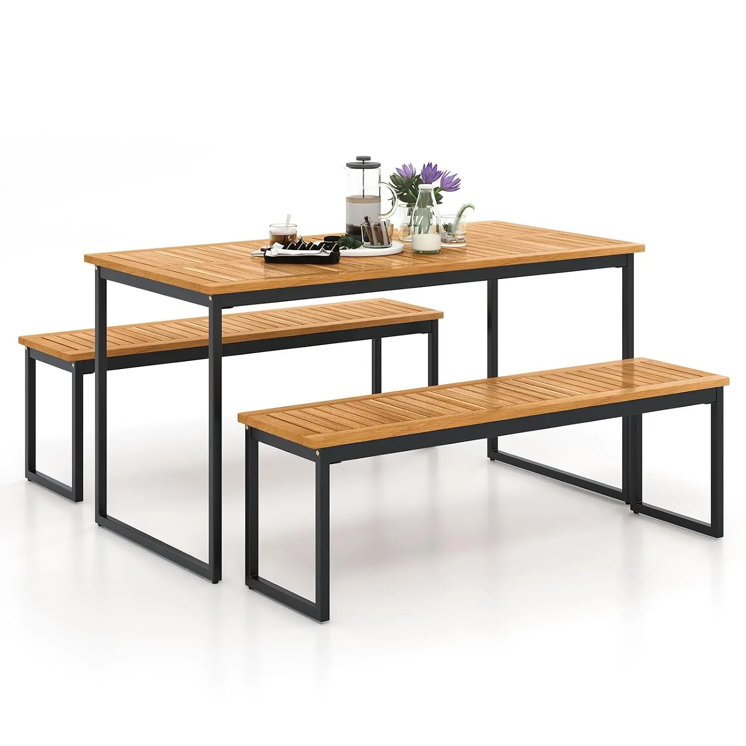 3 Pieces Outdoor Dining Set for 6 People, 55 inch Rectangle Patio Table & 2 Benches with Acacia Wood Tabletop,, Customized