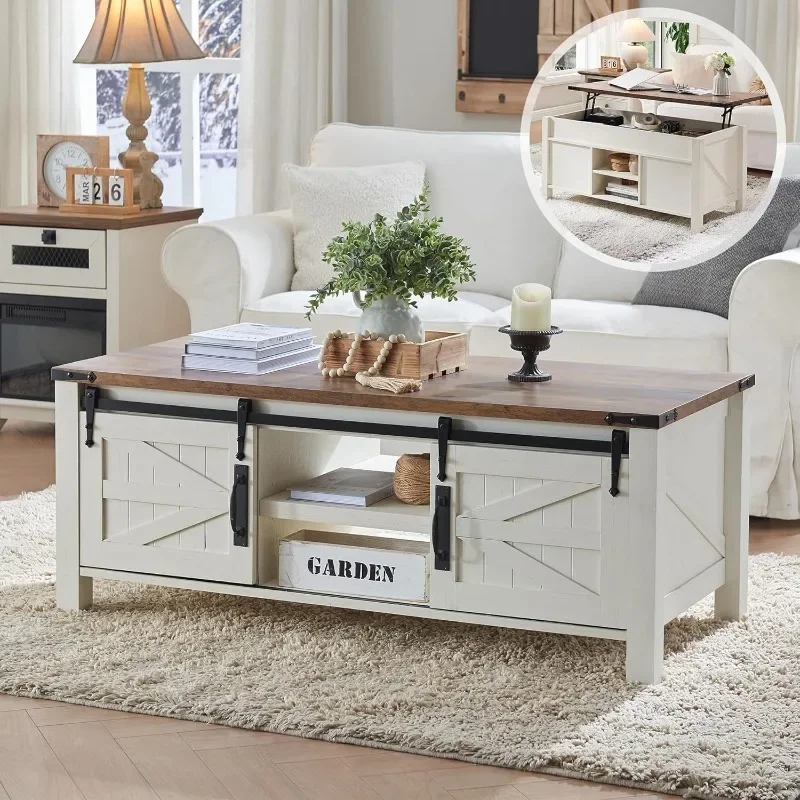 OKD Farmhouse Lift Top Coffee Table with Sliding Barn Door,Rustic Center Table with Hidden Storage Compartment,Lifting Tabletop