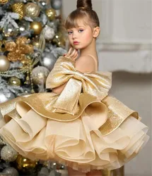 Vestido de flores de satén dorado para niños, vestido de Organza esponjoso, traje de tutú de princesa, vestido de cumpleaños sin hombros, 1-14T