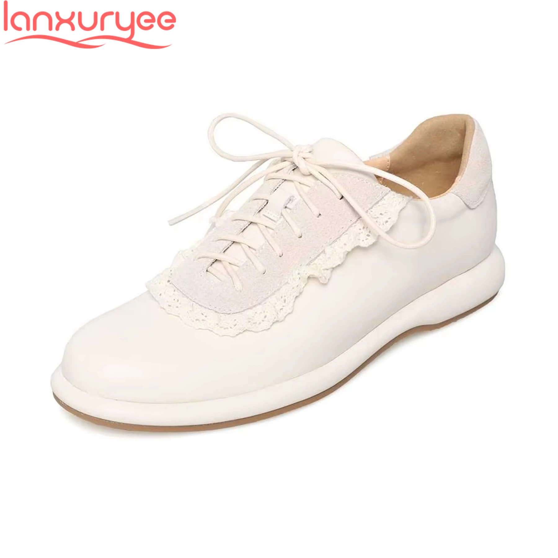 

Lanxuryee Cow Leather Lace Up Lace Concise Casual Shoes Spring Fall White Sneakers Student Party Elegant Women Vulcanized Shoes