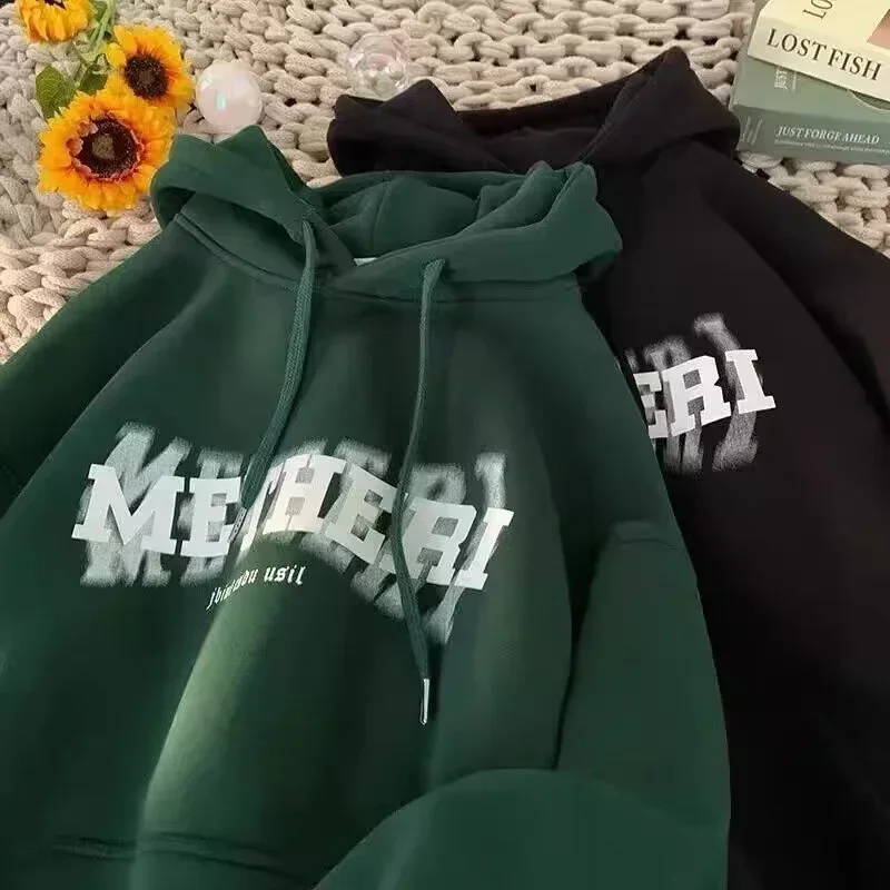

Pop Spring Men's Letter Printed Hoodies Cotton Fleece Vintage Hooded Sweatshirts New Y2K Streetwear Oversized Hoody Clothes