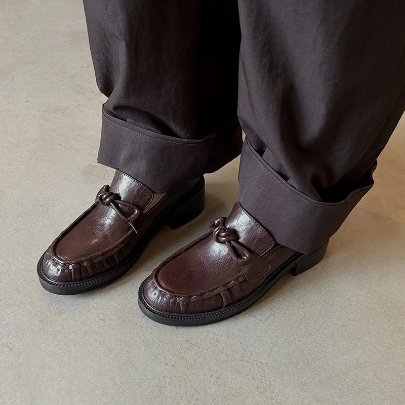 MKKHOU Fashion Women Shoes New High Quality Genuine Leather Round Head Middle Heel Loafers Lightweight Casual Leather Shoes