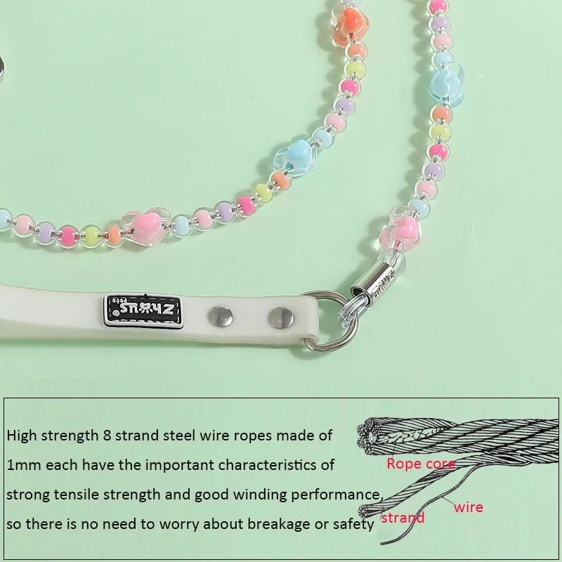 New Colorful Pet Beads Collar and Leash Set For Small Dogs Cats Wirerope Pet Leash Beads Dog Collar PU Leather Pet Accessories