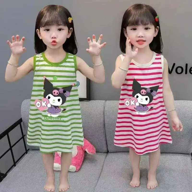 

Sanrio Dress Kuromi Stripe Casual Children Summer Kawaii Thin Trendy T-Shirt Cartoon Hot Ice Silk Baby Fashion A-Line Vest Skirt