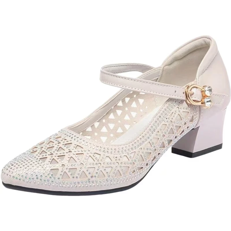 Women's Summer New Leather Hollow Out Rhinestone Sandals Block Heel Round Toe Shallow Buckle Strap Match Skirts With Sandals