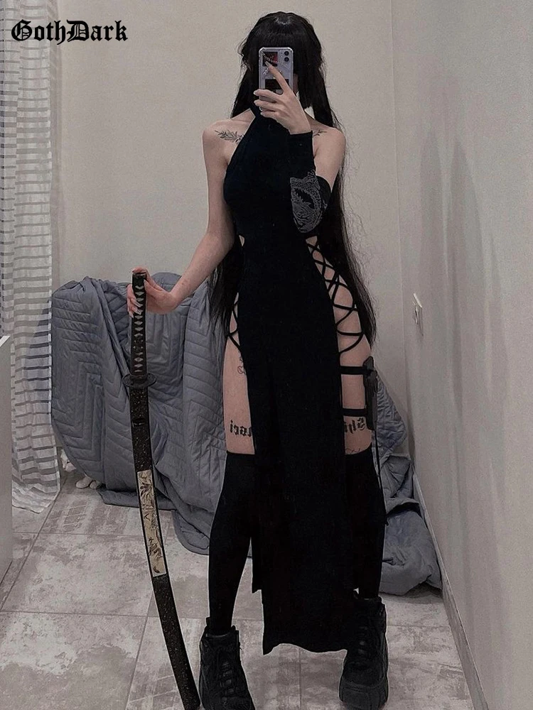 Goth Dark Cosplay Hoge Split Sexy Bandage Vrouwen Jurken Y2K Mall Gothic Halter Slanke Midi Jurk Zwart Grunge Stijl Alt Partywear