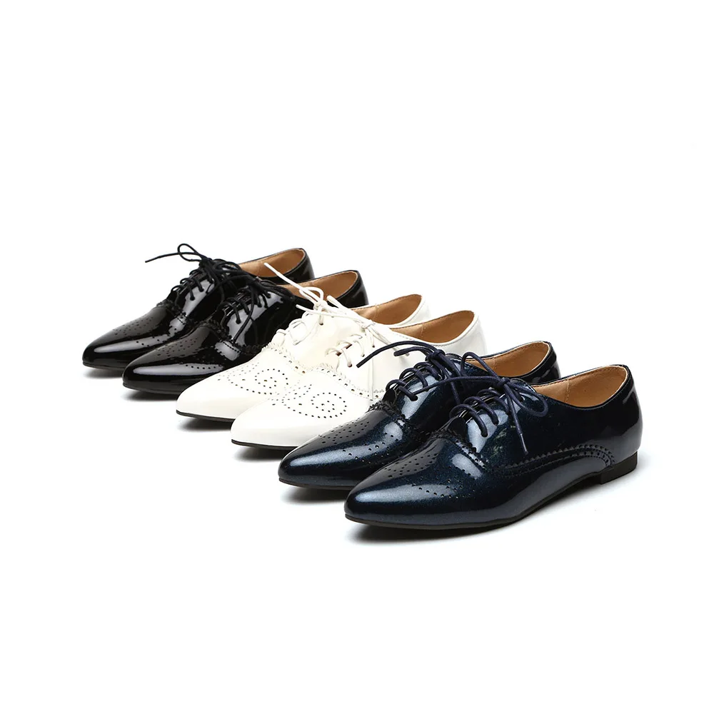 Brand New Fashion Women Glossy Oxfords Black Blue White Female Brogue Shoes Low Heels ASP51-5 Plus Big Size 32 43 10
