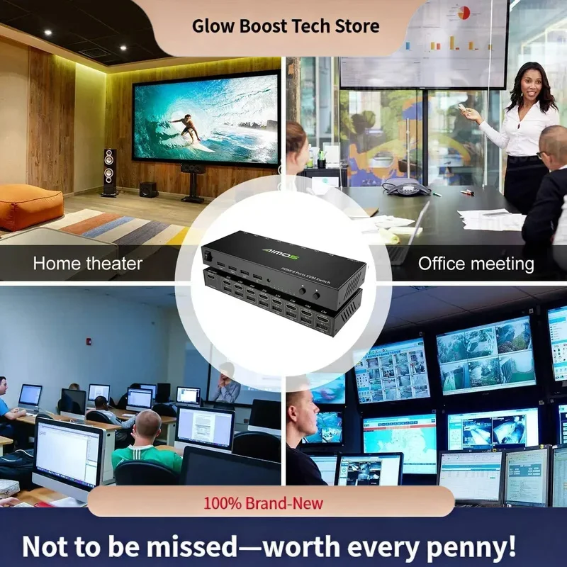 Glow AIMOS KVM Switch 8 In 1 Out Switch Share Monitor Mouse Keyboard Switcher 4K bis 30Hz Laptop, PC, PS4