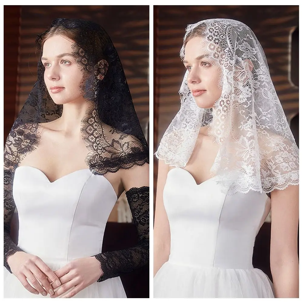 Simple Hollow Veil Prayer Shawl Lace Trim Breathable Wedding Lace Shawl Headwrap Soft Bride Head Gauze Woman
